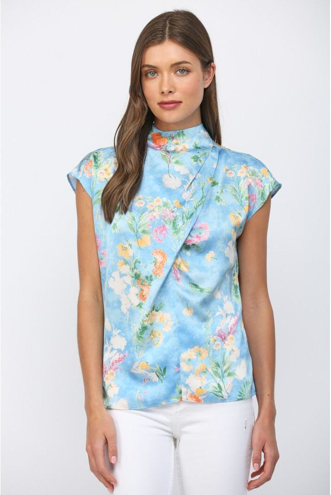 Fate Floral Print Satin High Neckline Tie Back Blue StyleFT24203