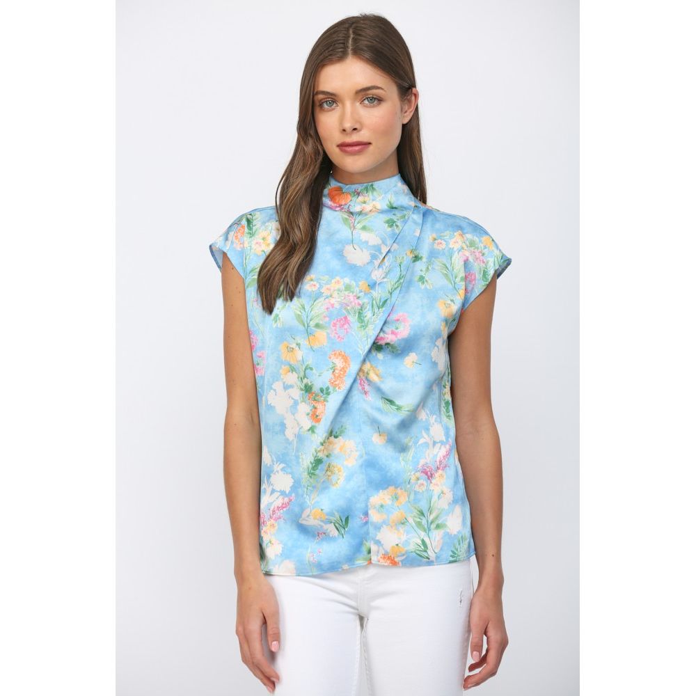 Fate Floral Print Satin High Neckline Tie Back Blue StyleFT24203