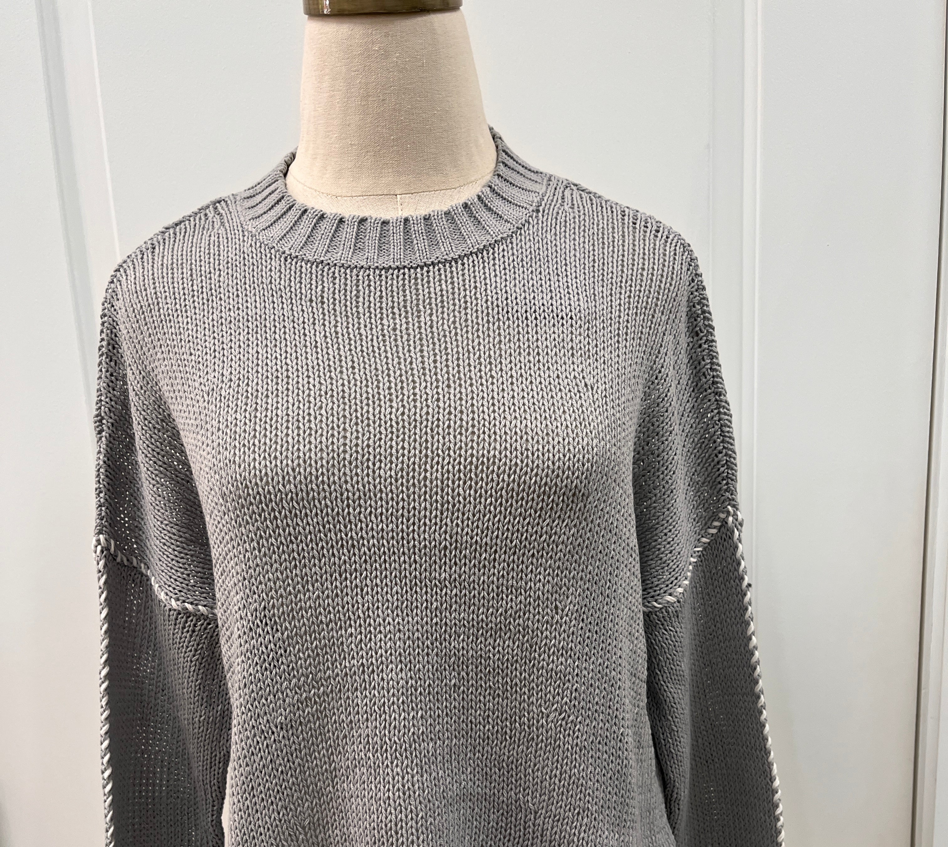 Frances Sweater Wooden Ships gray and white topstitched cotton crew K57CEW213 silverstone/breaker white