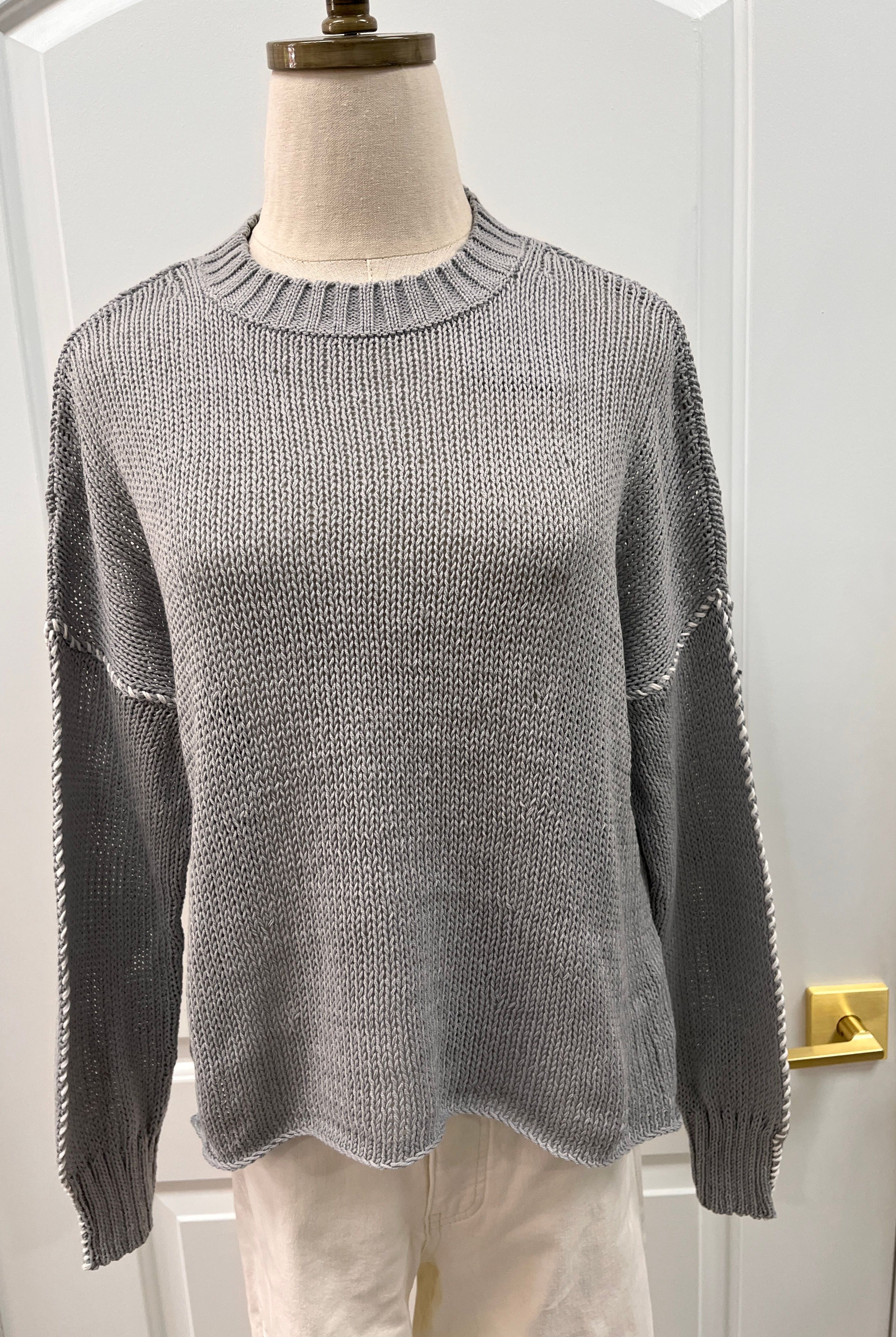 Frances Sweater Wooden Ships gray and white topstitched cotton crew K57CEW213 silverstone/breaker white