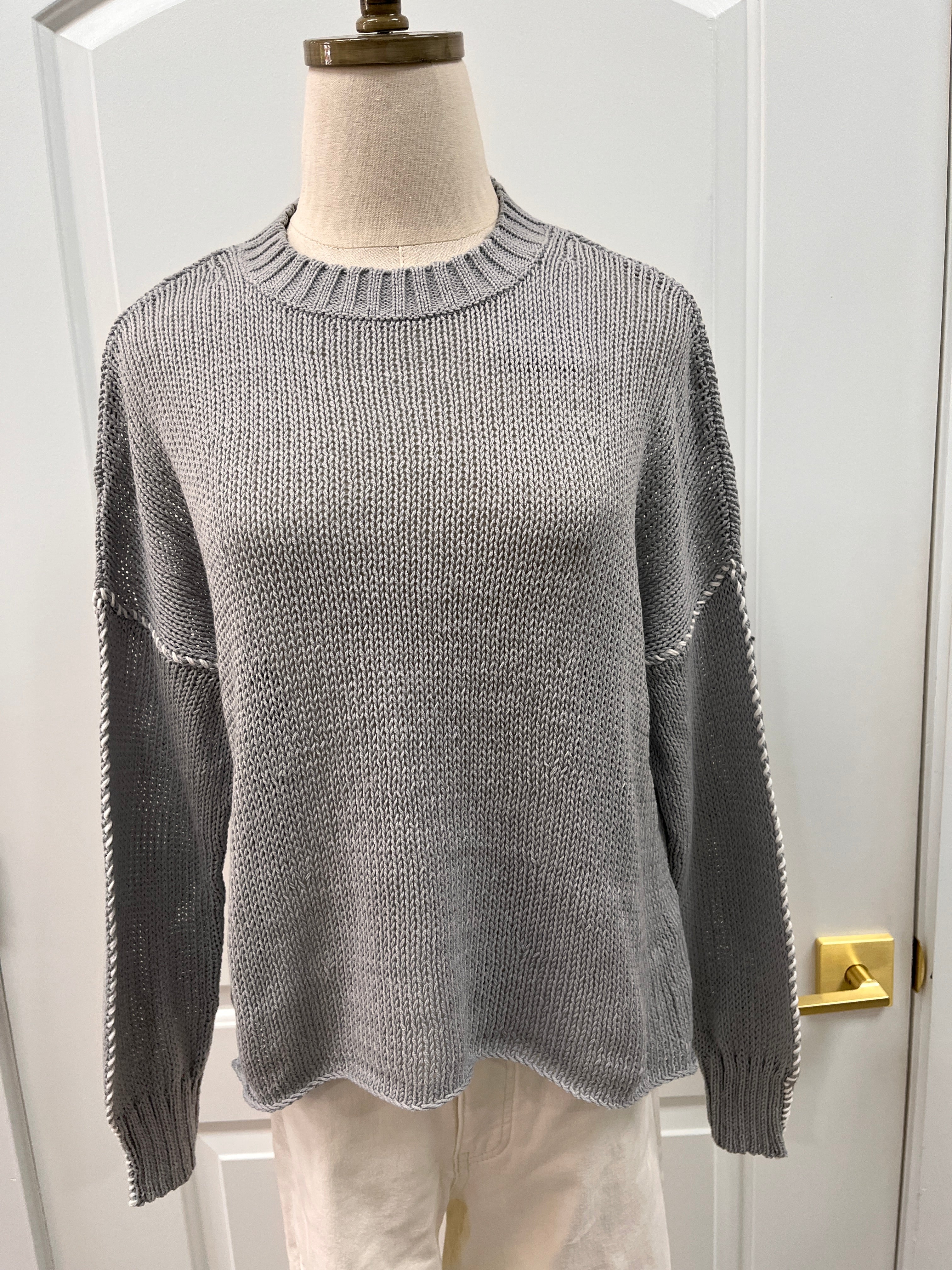 Frances Sweater Wooden Ships gray and white topstitched cotton crew K57CEW213 silverstone/breaker white