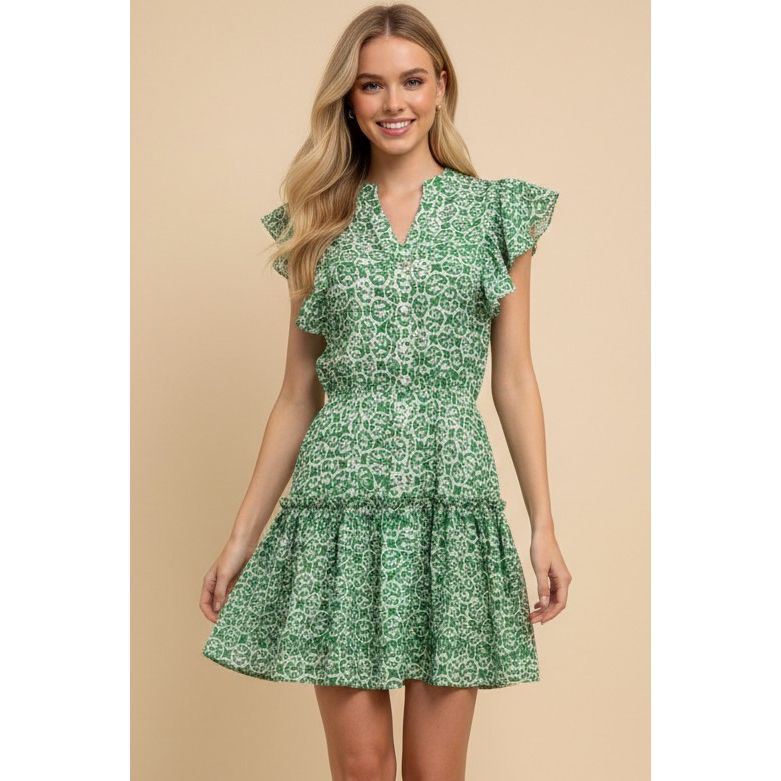 Meredith Dress in green floral vine print, flutter sleeves, smocked waist, tiered skirt - Marj & Lizzie