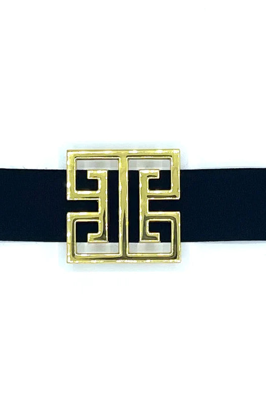Garland Bags Greek Key belt buckle accessory featuring a classic Greek key design in metallic finish.