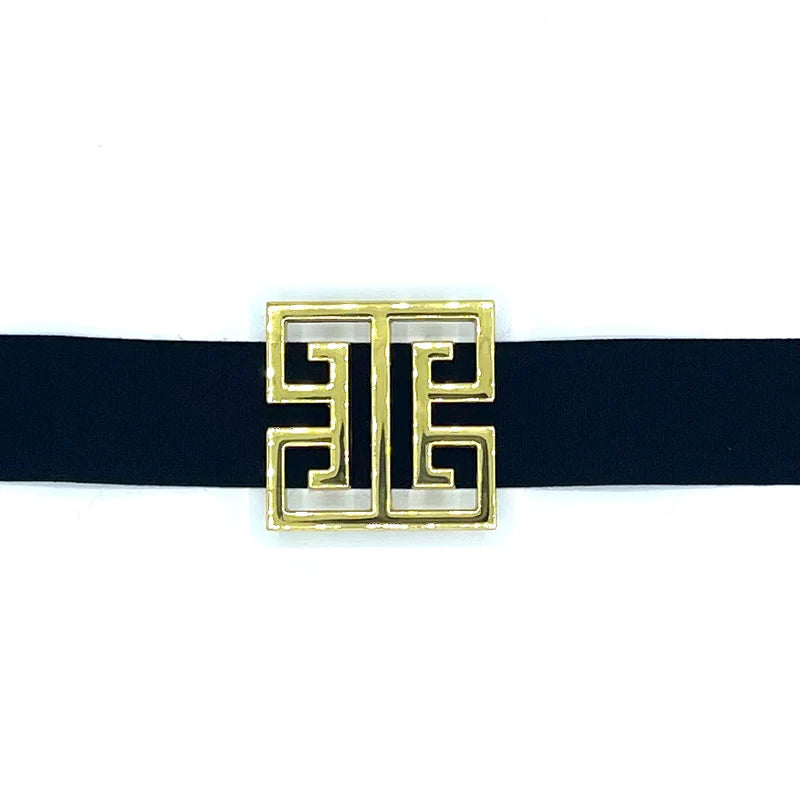 Garland Bags Greek Key belt buckle accessory featuring a classic Greek key design in metallic finish.