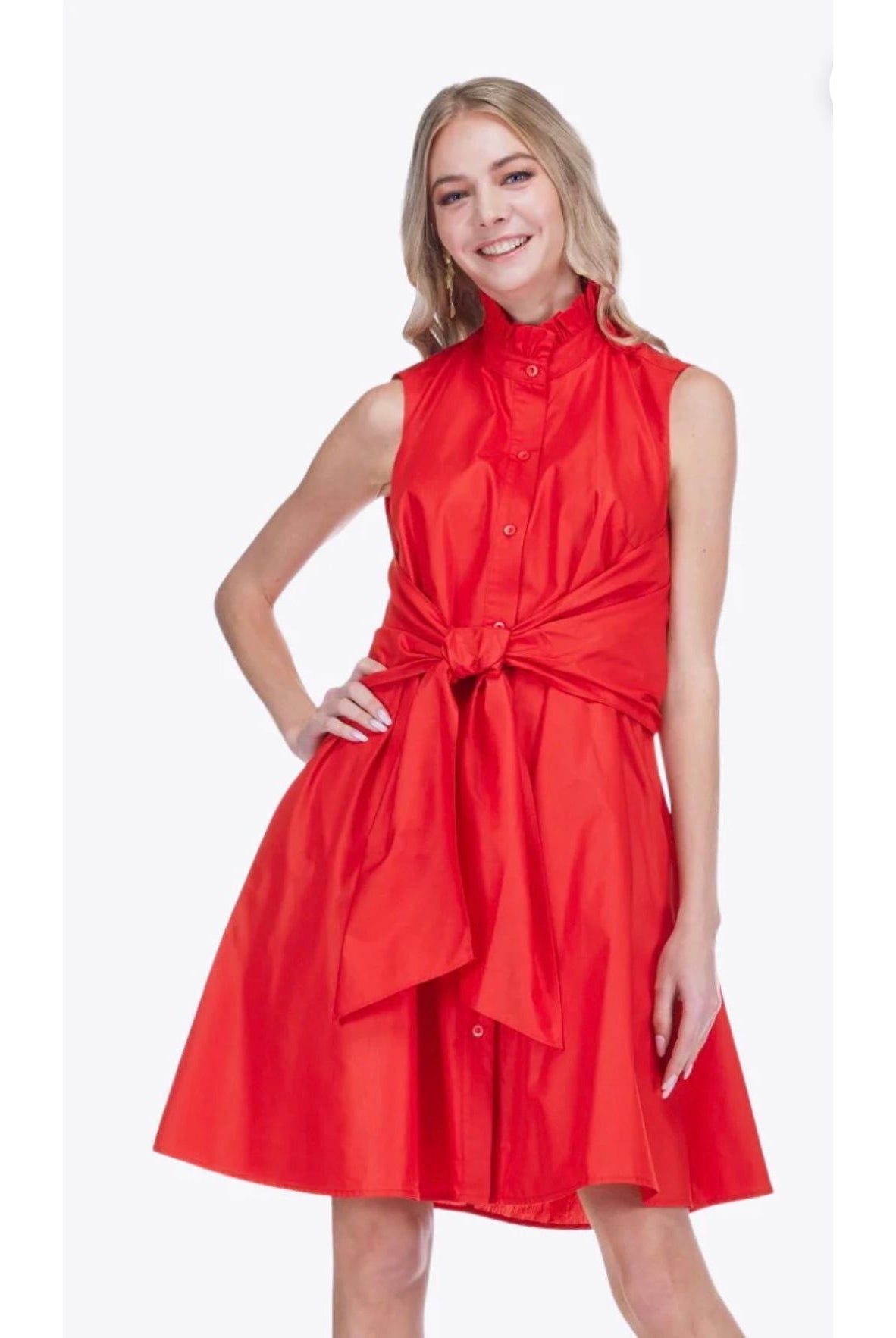 Lyla Dress red sleeveless shirt dress, ruffle collar, button front, self-tie bow waist, full A-line skirt - Marj & Lizzie