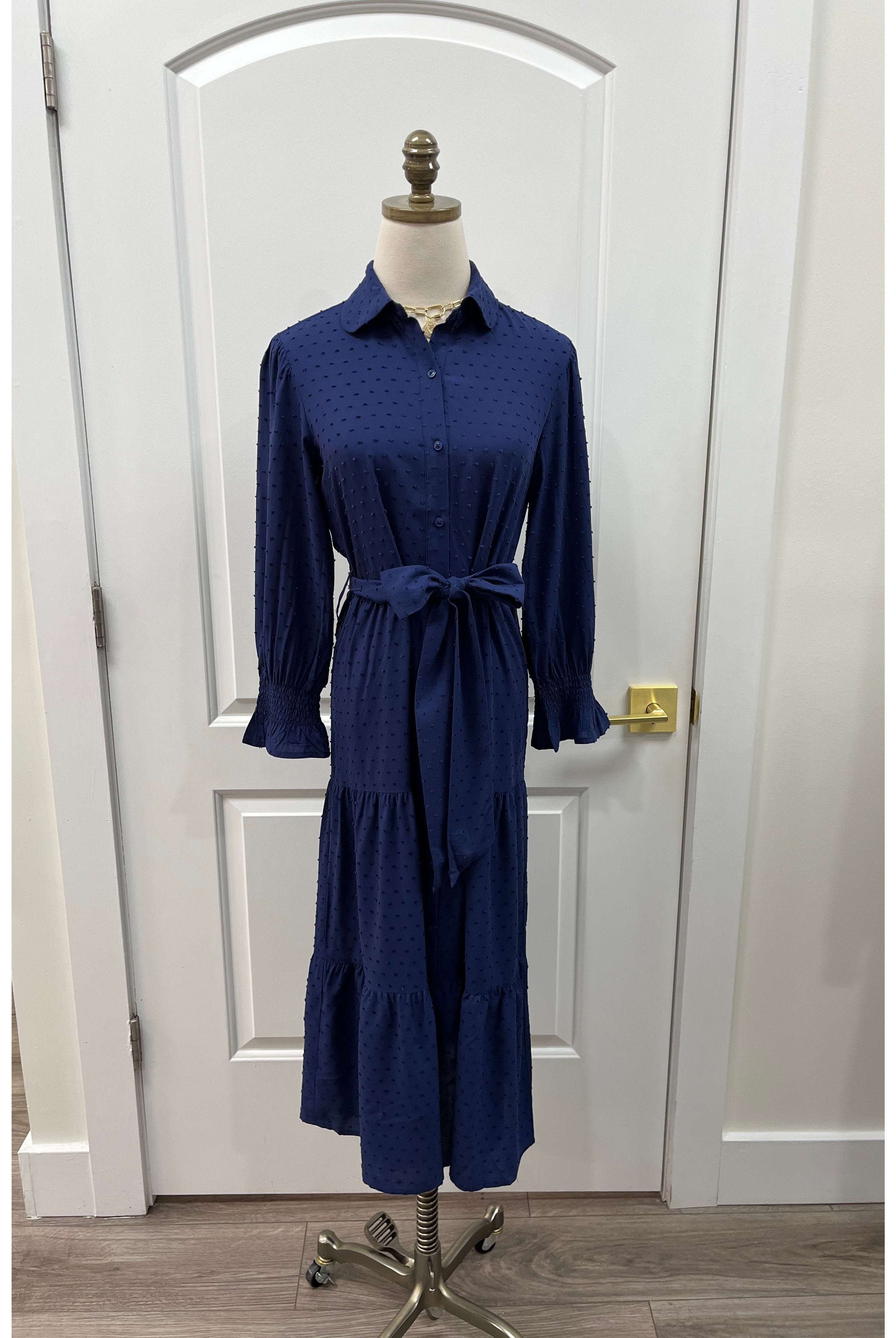 Navy Swiss dot Alice dress by Taylor Tillman with a fitted bodice and flowing skirt, shown on a model.