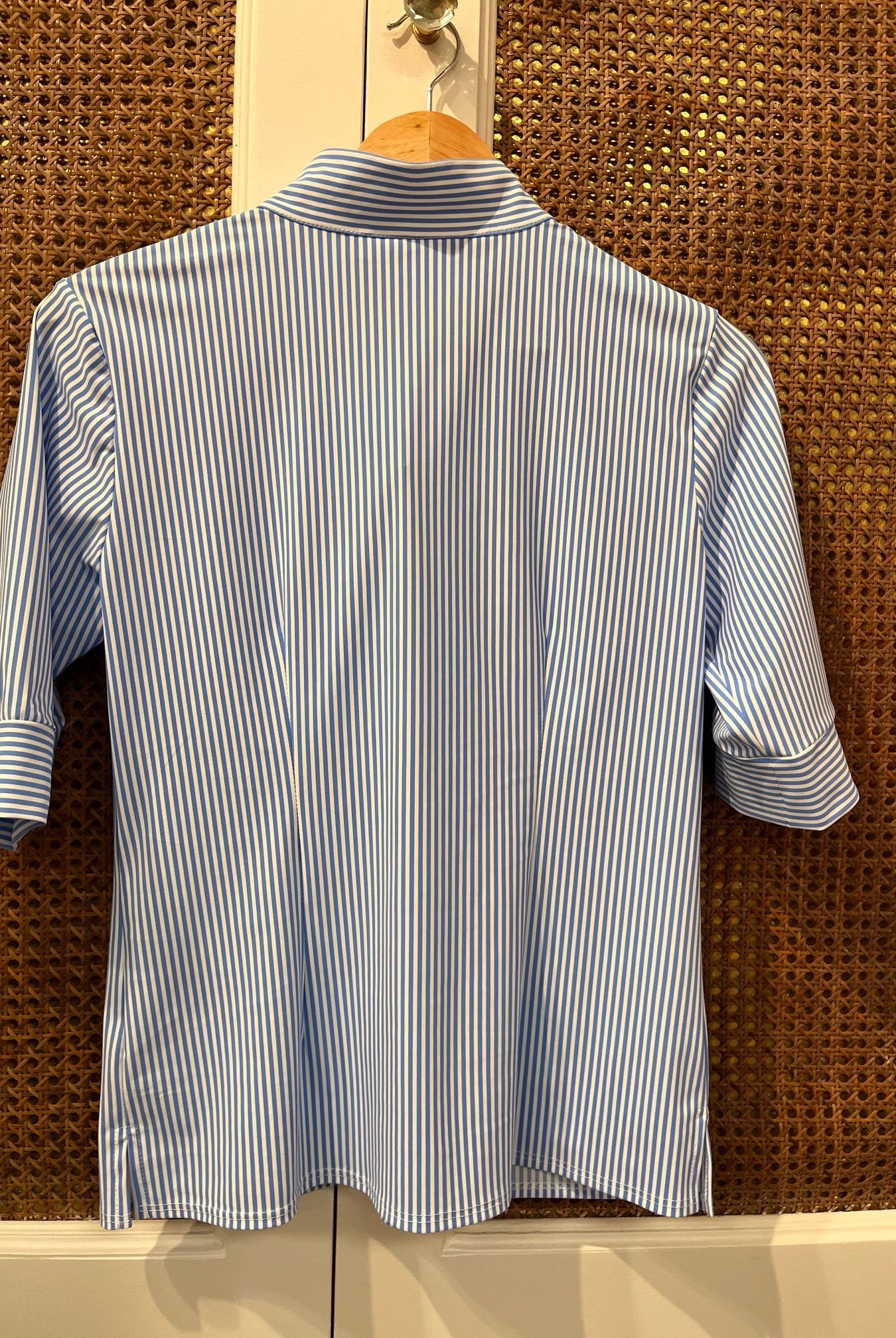 Jude Connally Juliet Top in Pinstripe Periwinkle, a stylish women's blouse with a pinstripe pattern and a relaxed fit.