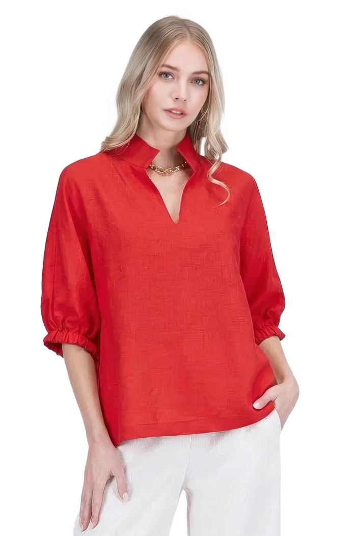 Anne Top by Jade in red, front view showing V-neck collar and elastic-cuffed sleeves