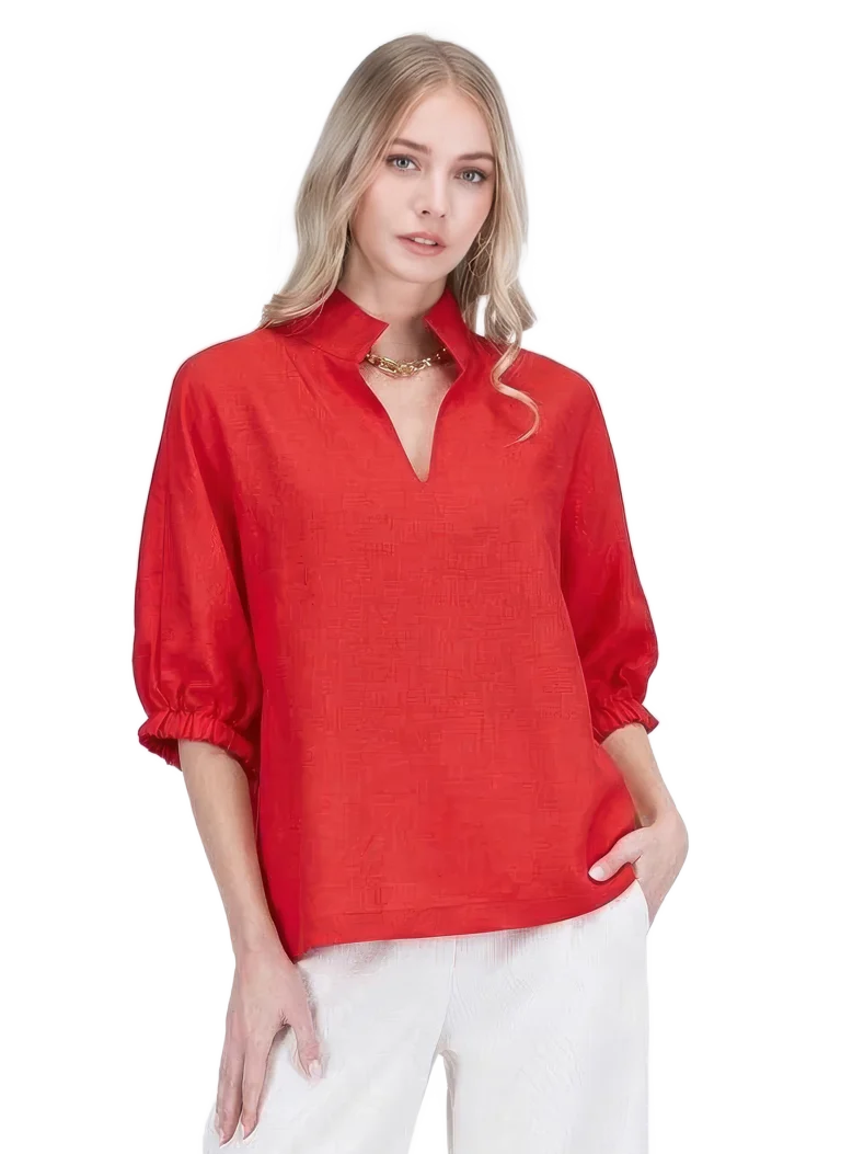 Anne Top by Jade in red, front view showing V-neck collar and elastic-cuffed sleeves