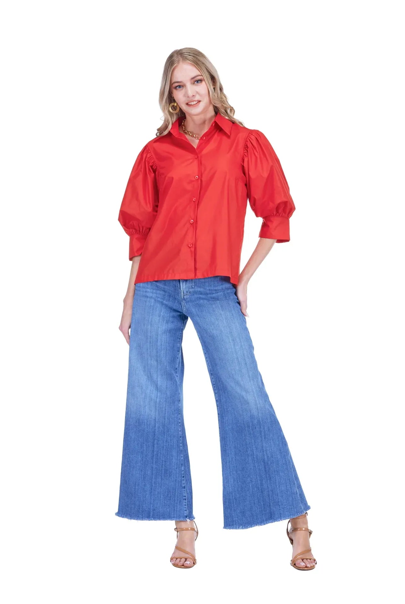 Claire Top red button-front cropped blouse, point collar, puff elbow sleeves, worn with wide-leg jeans - Marj & Lizzie
