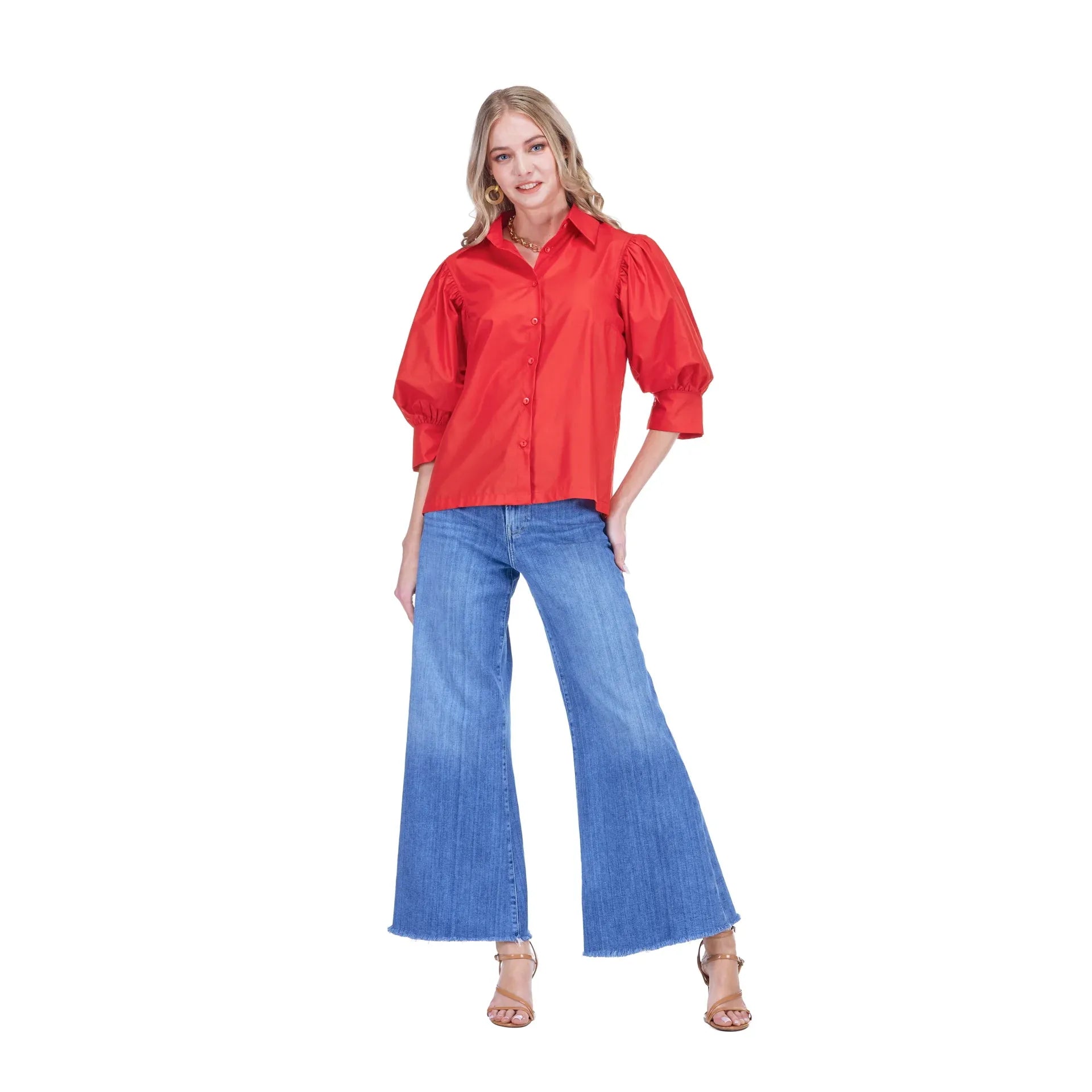 Claire Top red button-front cropped blouse, point collar, puff elbow sleeves, worn with wide-leg jeans - Marj & Lizzie