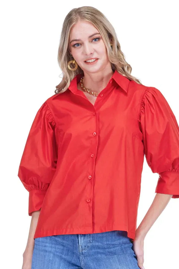 Claire Top red cropped button-front blouse close-up, point collar, voluminous puff elbow sleeves - Marj & Lizzie