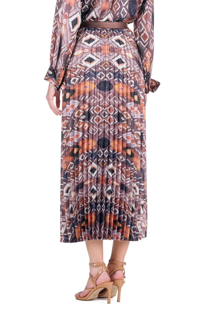 Amanda Skirt by Jade — Copper Mesa geometric ikat pleated maxi skirt in terracotta, mauve, and charcoal, back view