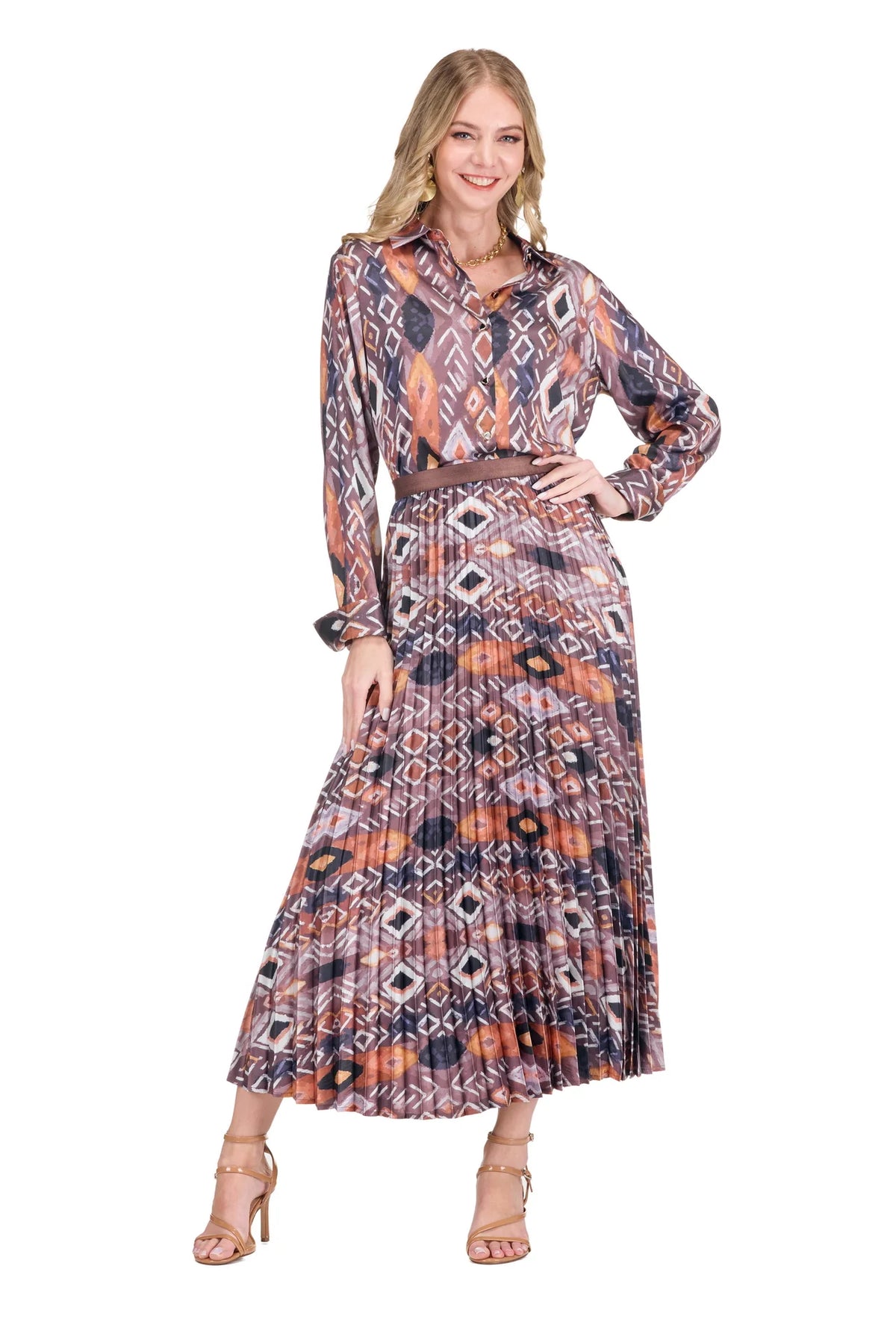 Amanda Skirt by Jade — Copper Mesa geometric ikat pleated maxi skirt in terracotta, mauve, and charcoal, full view