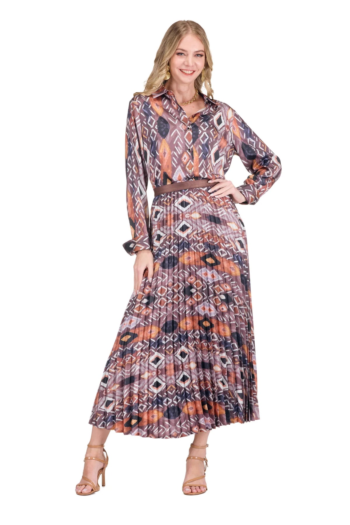 Amanda Skirt by Jade — Copper Mesa geometric ikat pleated maxi skirt in terracotta, mauve, and charcoal, full view