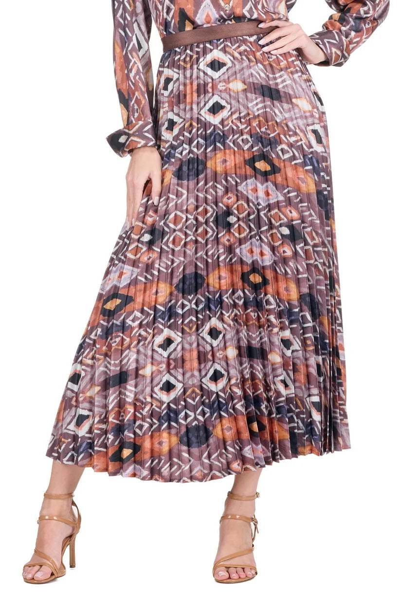 Amanda Skirt by Jade — Copper Mesa geometric ikat pleated maxi skirt in terracotta, mauve, and charcoal, front view