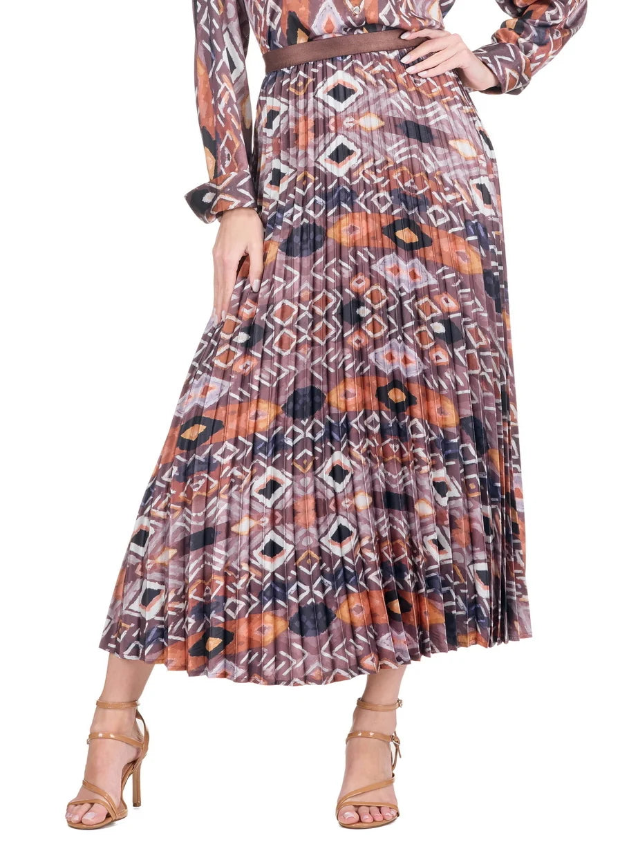 Amanda Skirt by Jade — Copper Mesa geometric ikat pleated maxi skirt in terracotta, mauve, and charcoal, front view