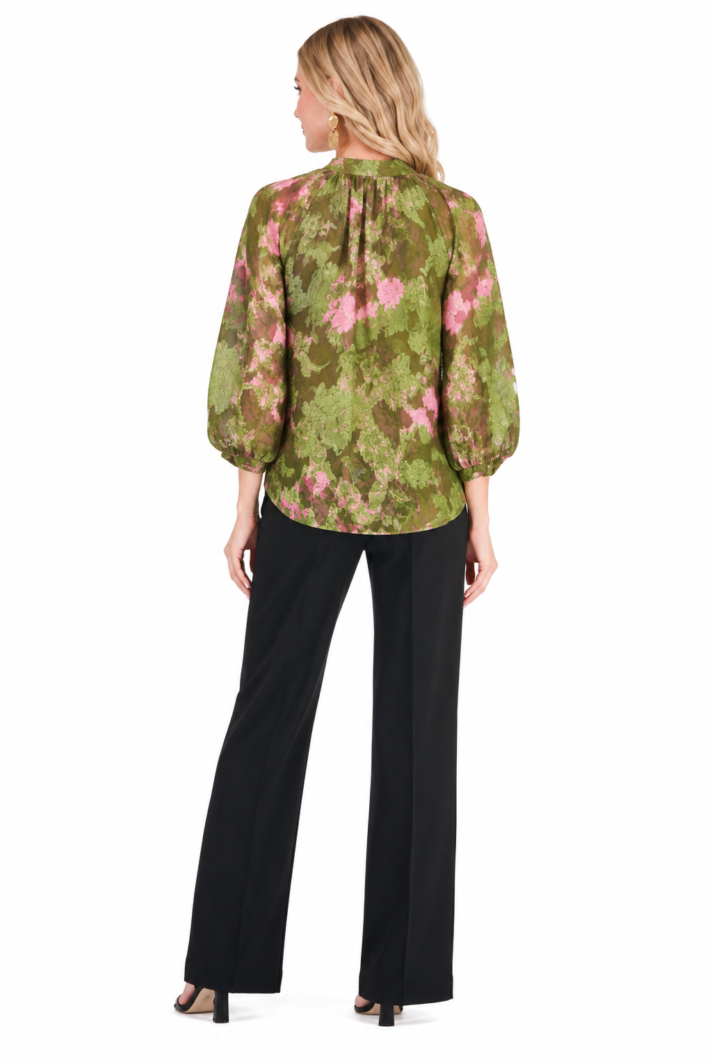 Camilla Top by Jade in Whimsical Garden, back view with green and pink floral print and gathered back neckline
