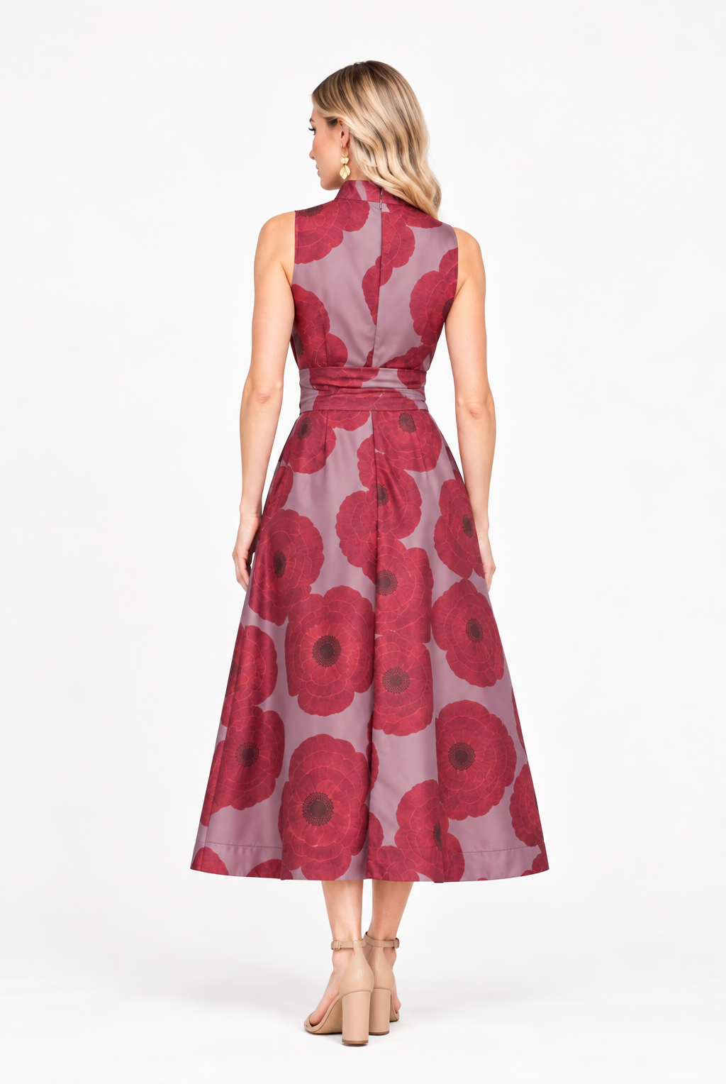 Clara Dress by Jade in crimson poppy, back view with stand collar, fitted waist, and flared midi skirt