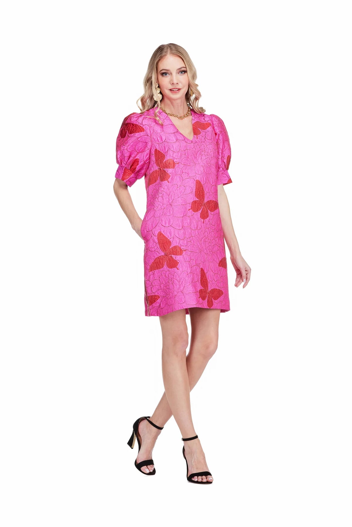 Dolly Dress by Jade — candy pink butterfly jacquard mini dress with puff sleeves and V-neckline, front view