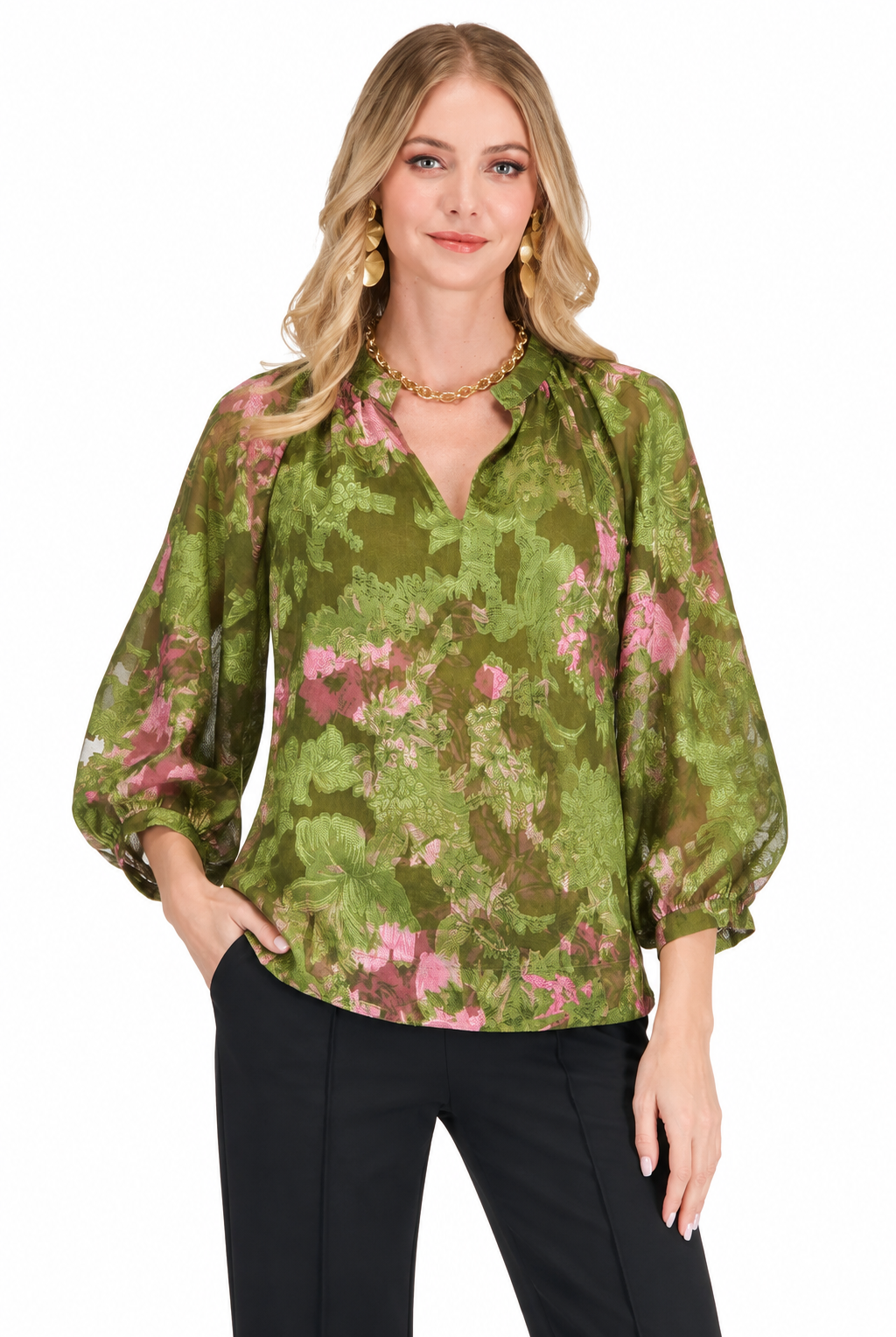 Camilla Top by Jade in Whimsical Garden, front view with green and pink floral print, split neckline, and balloon sleeves