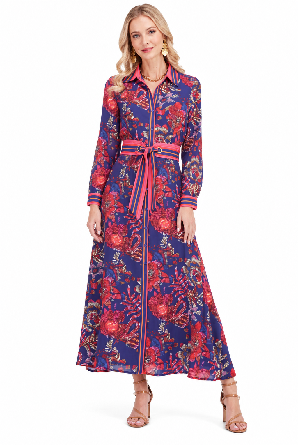Annabelle Dress by Jade in Hibiscus Royale, front view with floral print, striped trim, long sleeves, and ring-detail tie waist