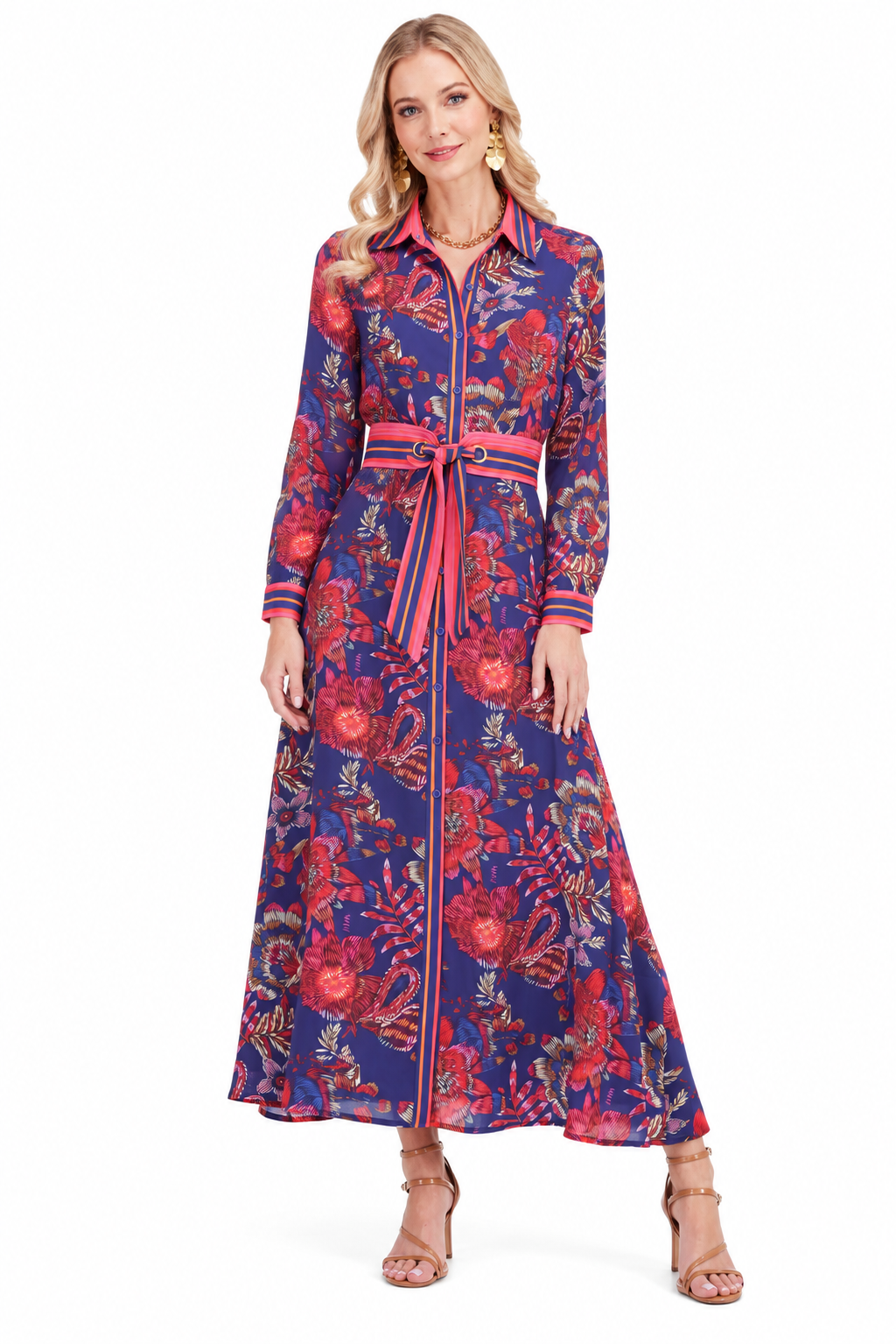 Annabelle Dress by Jade in Hibiscus Royale, front view with floral print, striped trim, long sleeves, and ring-detail tie waist
