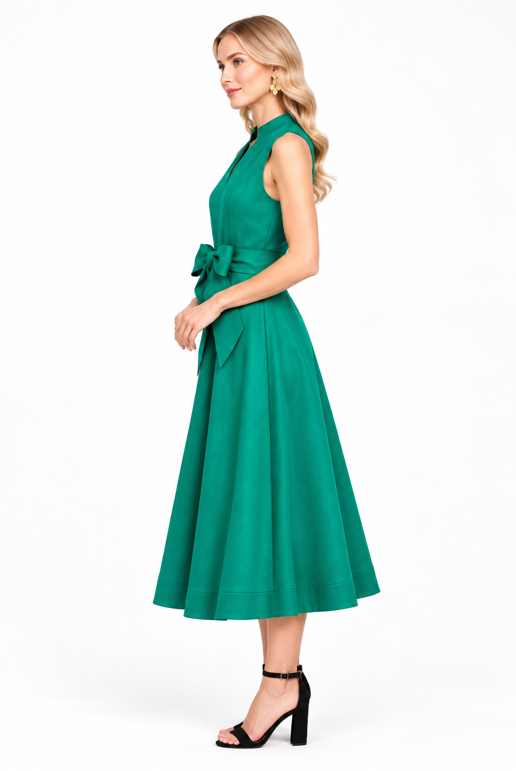 Rosemary Dress by Jade in emerald green, side view showing sleeveless bodice, bow-tie sash, and flared midi skirt Style#80K8063-L