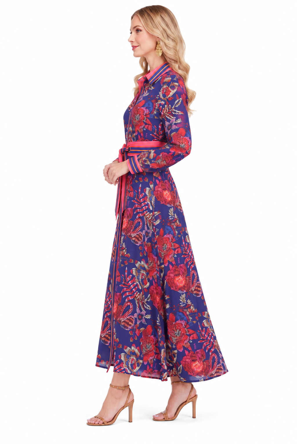 Annabelle Dress by Jade in Hibiscus Royale, side view with striped collar and cuffs, tie waist, and flared maxi skirt