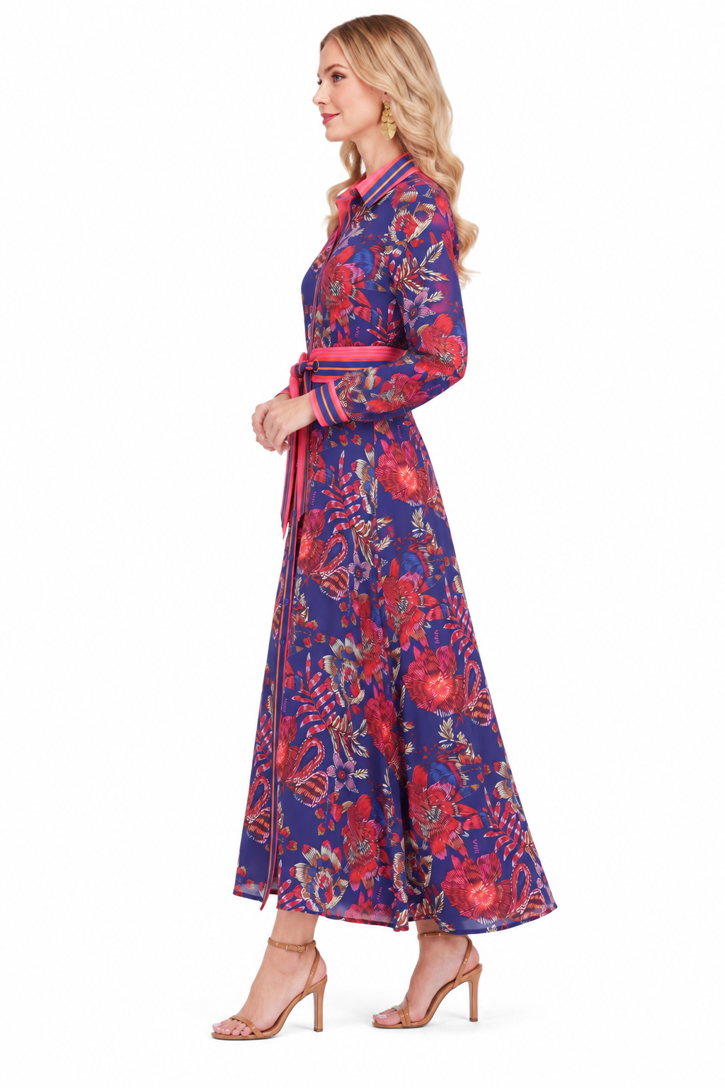 Annabelle Dress by Jade in Hibiscus Royale, side view with striped collar and cuffs, tie waist, and flared maxi skirt