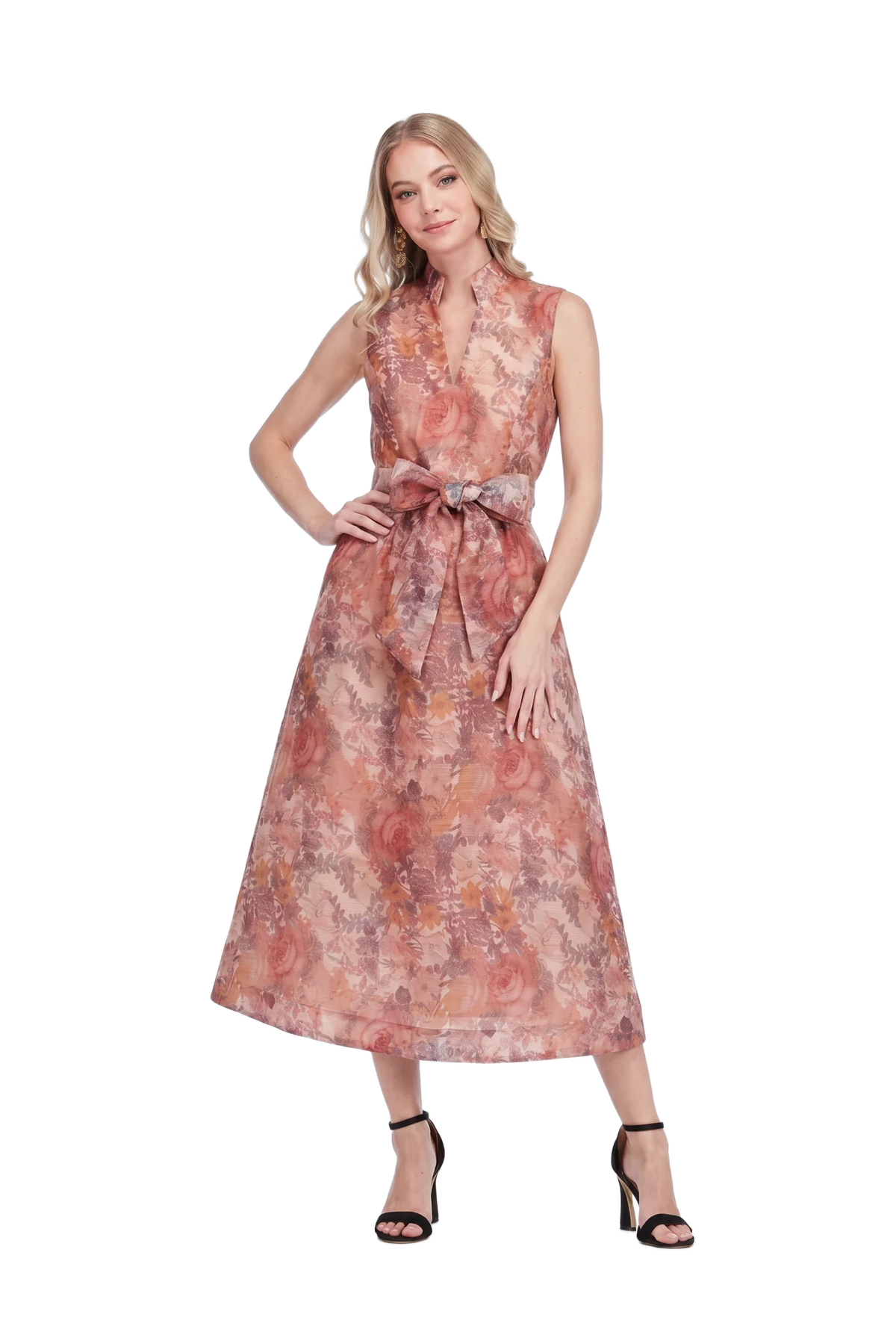 Leslie Dress by Jade — Vintage Blush watercolor floral sleeveless midi dress with V-neckline, ruffle trim, and self-tie sash belt