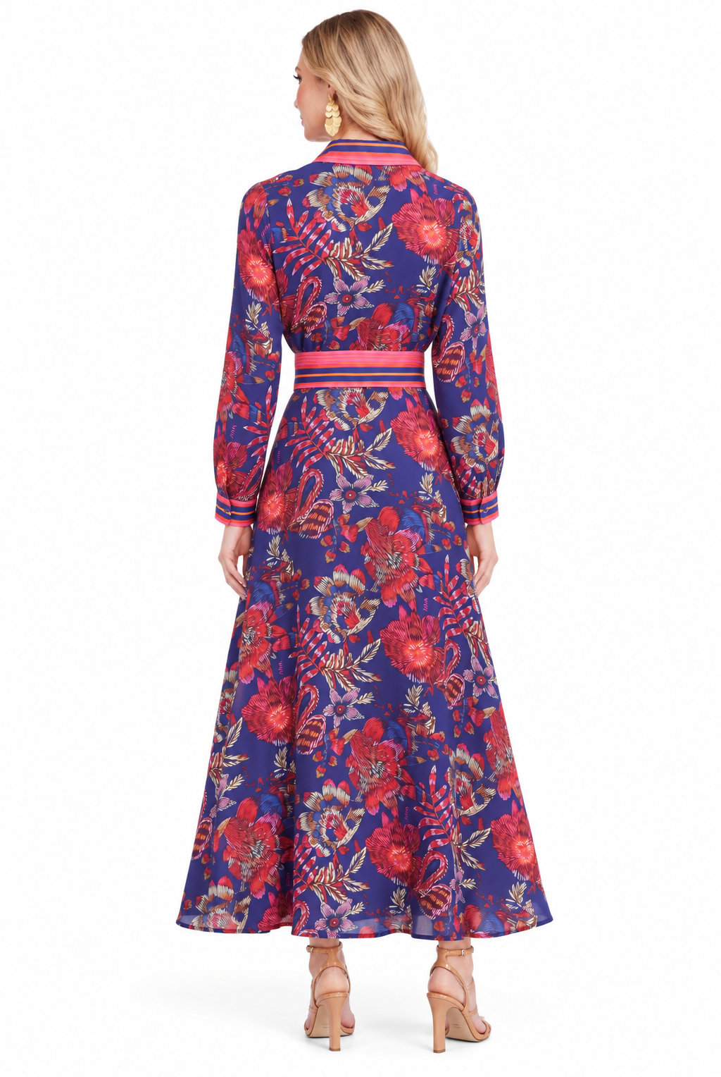 Annabelle Dress by Jade in Hibiscus Royale, back view with floral print, striped waist sash, and long sleeves