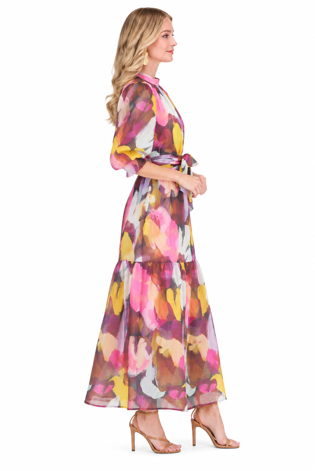 Ellis Dress by Jade in Harvest Brush, side view showing puff sleeves, waist sash, and tiered maxi skirt