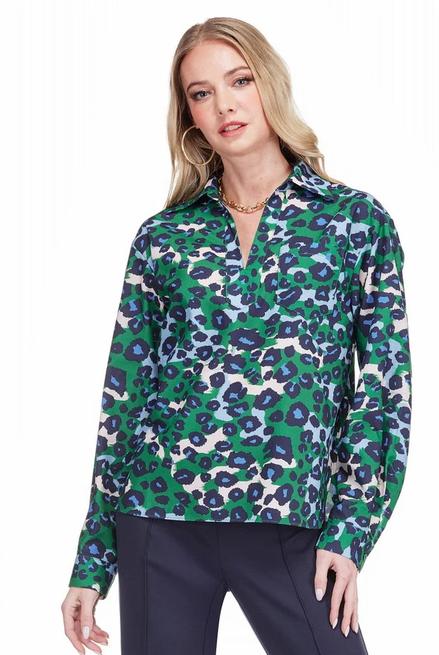 Magnolia Top by Jade in Emerald Leopard, front detail view, spread collar with open V-notch neckline, long sleeves, emerald green blue and cream leopard print, relaxed pullover silhouette Style #79H8003