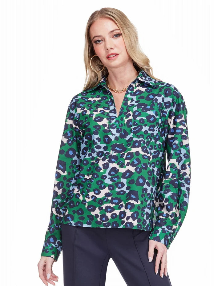 Magnolia Top by Jade in Emerald Leopard, front detail view, spread collar with open V-notch neckline, long sleeves, emerald green blue and cream leopard print, relaxed pullover silhouette Style #79H8003