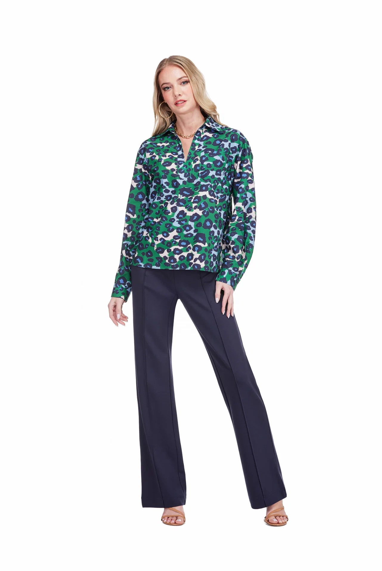 Magnolia Top by Jade in Emerald Leopard, front detail view, spread collar with open V-notch neckline, long sleeves, emerald green blue and cream leopard print, relaxed pullover silhouette Style #79H8003