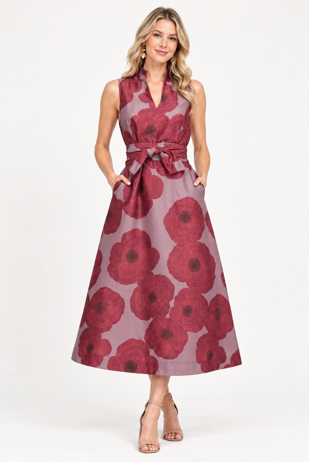 Clara Dress by Jade in crimson poppy, front view with stand collar, tie waist, pockets, and flared midi skirt