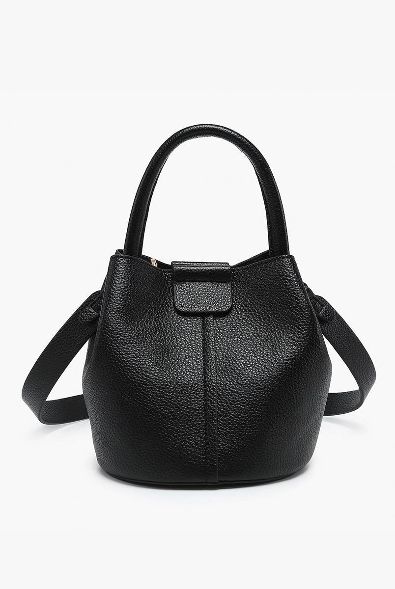 Farrah Bucket Bag by Jen & Co. in black with a top handle, removable strap, and pebbled texture, front view