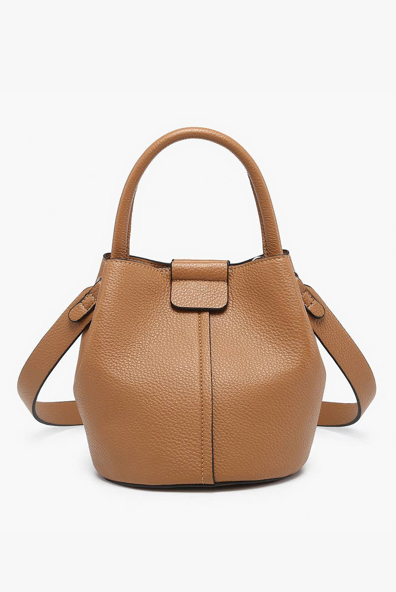 Farrah Bucket Bag by Jen & Co. in taupe with a top handle, removable strap, and pebbled texture, front view⠋