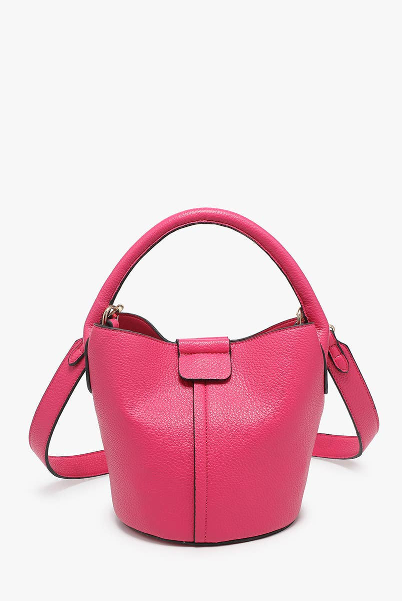 Farrah Bucket Bag by Jen & Co. in boysenberry with a top handle, removable strap, and pebbled texture, front view