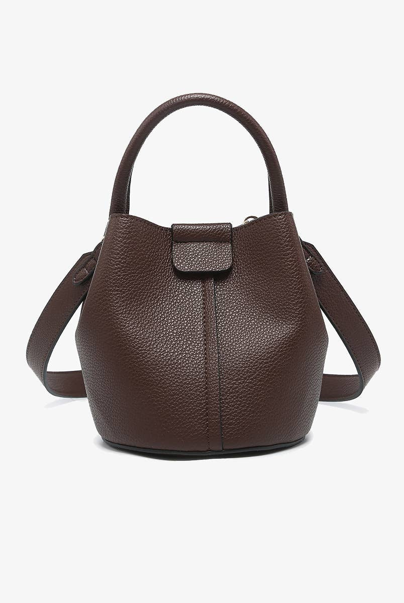 Farrah Bucket Bag by Jen & Co. in espresso brown with a top handle, removable strap, and pebbled texture, front view