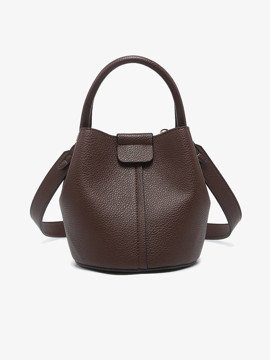 Farrah Bucket Bag by Jen & Co. in espresso brown with a top handle, removable strap, and pebbled texture, front view
