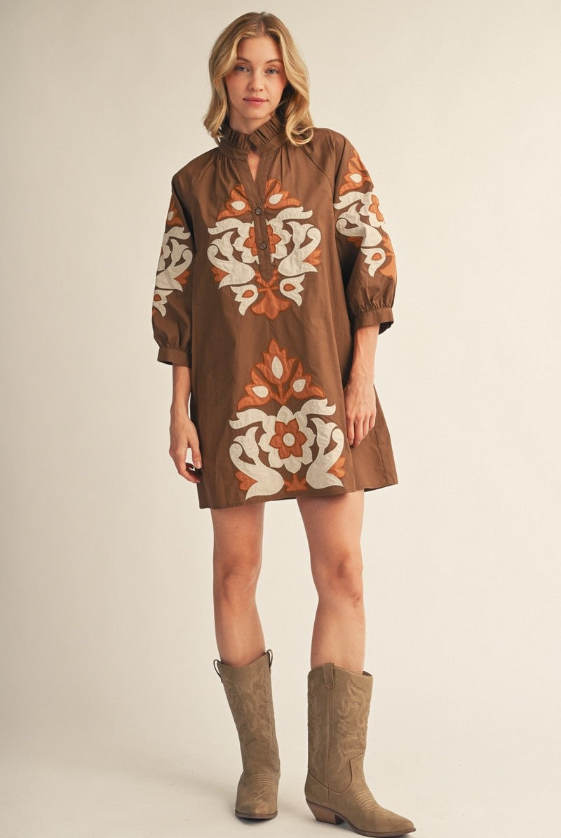 Poppy Dress by Jodifl in brown with floral appliqué, full view G15266-2