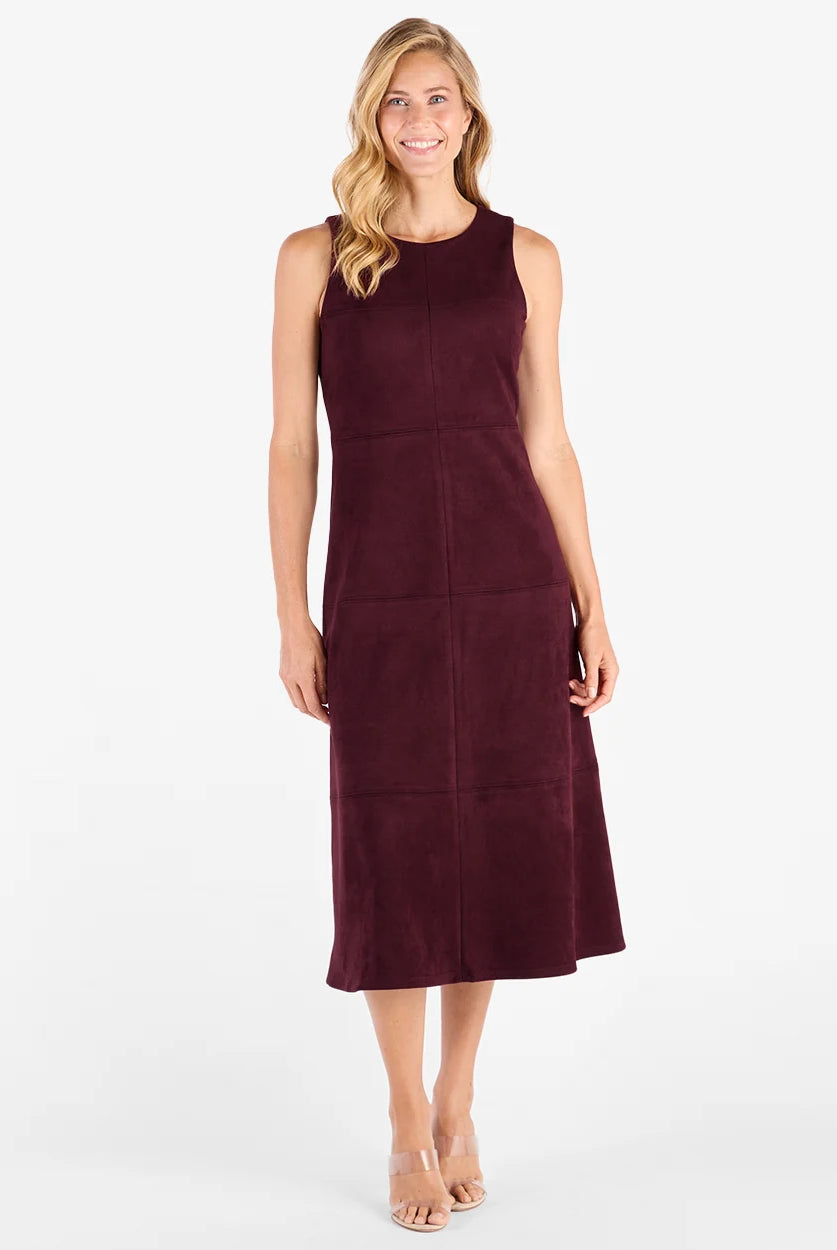 Blake Dress Merlot by Jude Connally, style 1131012, burgundy sleeveless faux suede midi dress, full front view