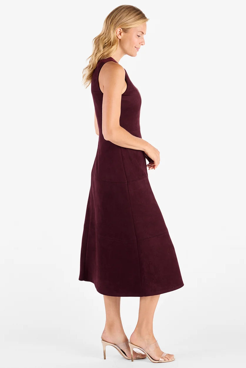 Blake Dress Merlot by Jude Connally, style 1131012, burgundy sleeveless fit-and-flare midi dress, side view