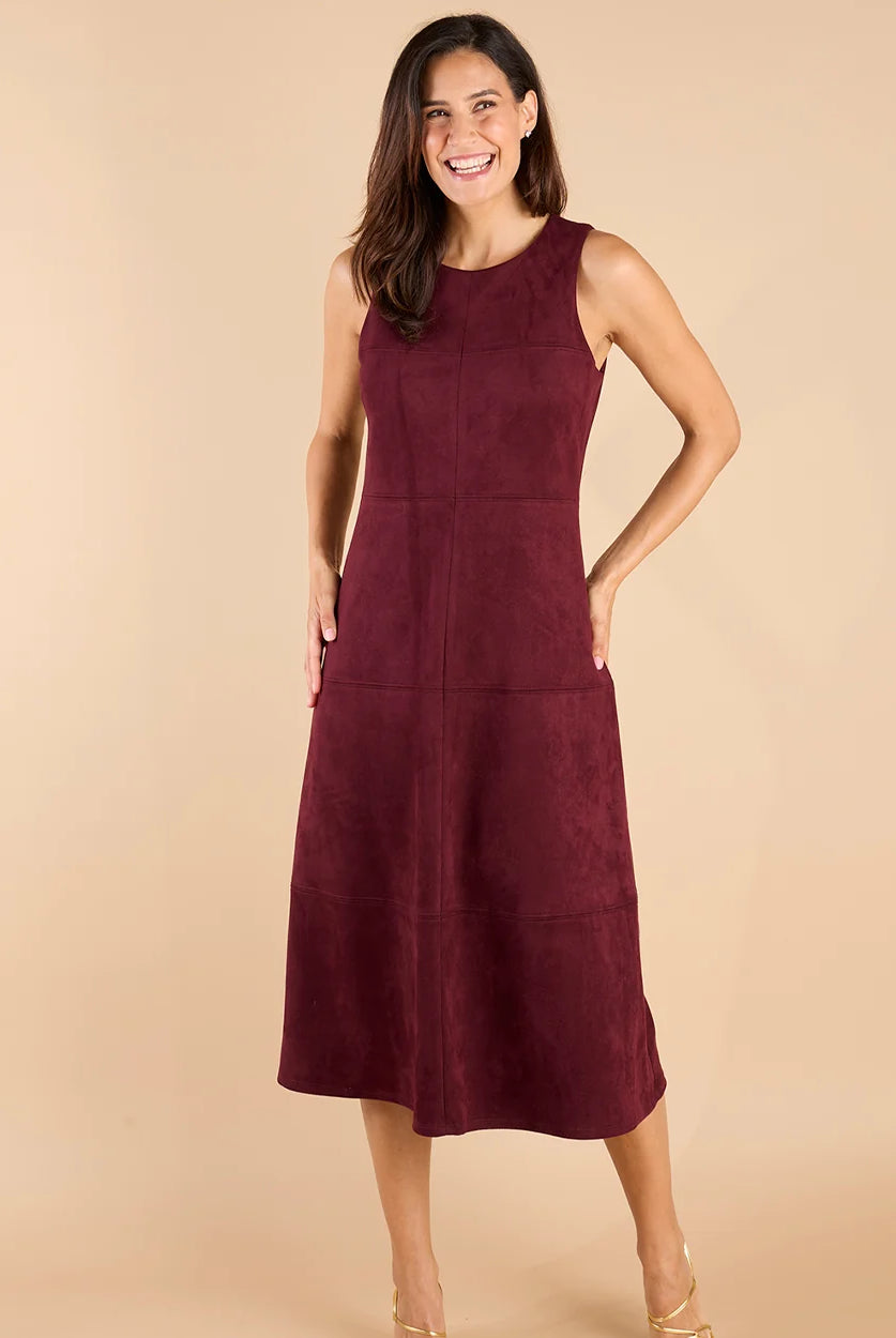 Blake Dress Merlot by Jude Connally, style 1131012, burgundy faux suede dress with crew neckline, front close-up