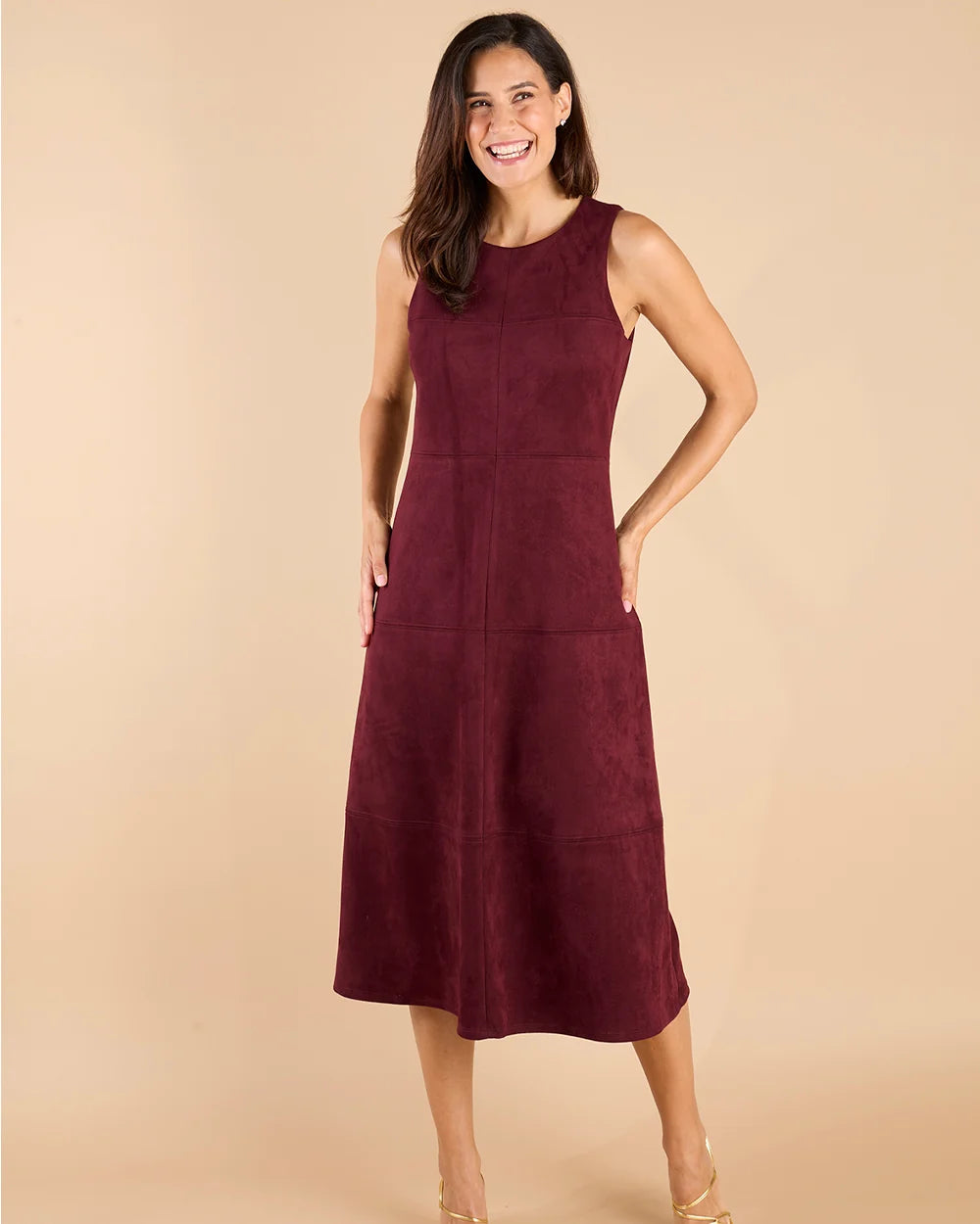 Blake Dress Merlot by Jude Connally, style 1131012, burgundy faux suede dress with crew neckline, front close-up