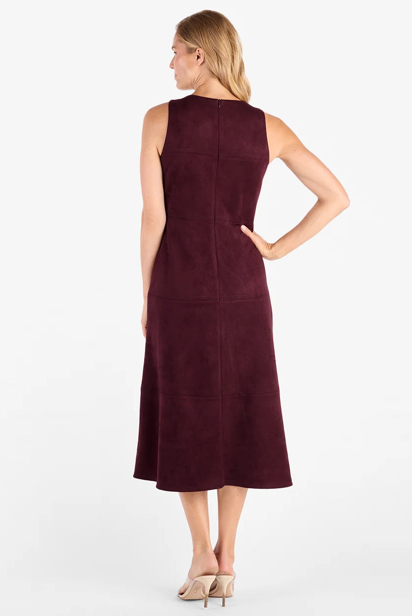 Blake Dress Merlot by Jude Connally, style 1131012, burgundy faux suede midi dress with back zipper, back view