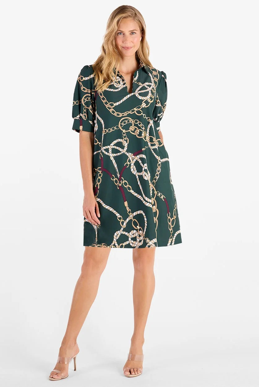 Emerson Dress Pine Gold by Jude Connally, style 101353, green chain-and-rope print with puff sleeves, full front view