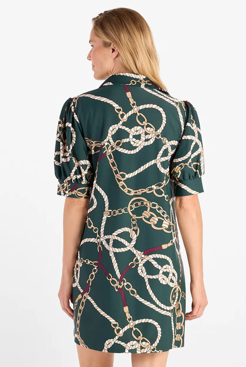 Emerson Dress Pine Gold by Jude Connally, style 101353, green dress with gold chains and cream ropes, back view
